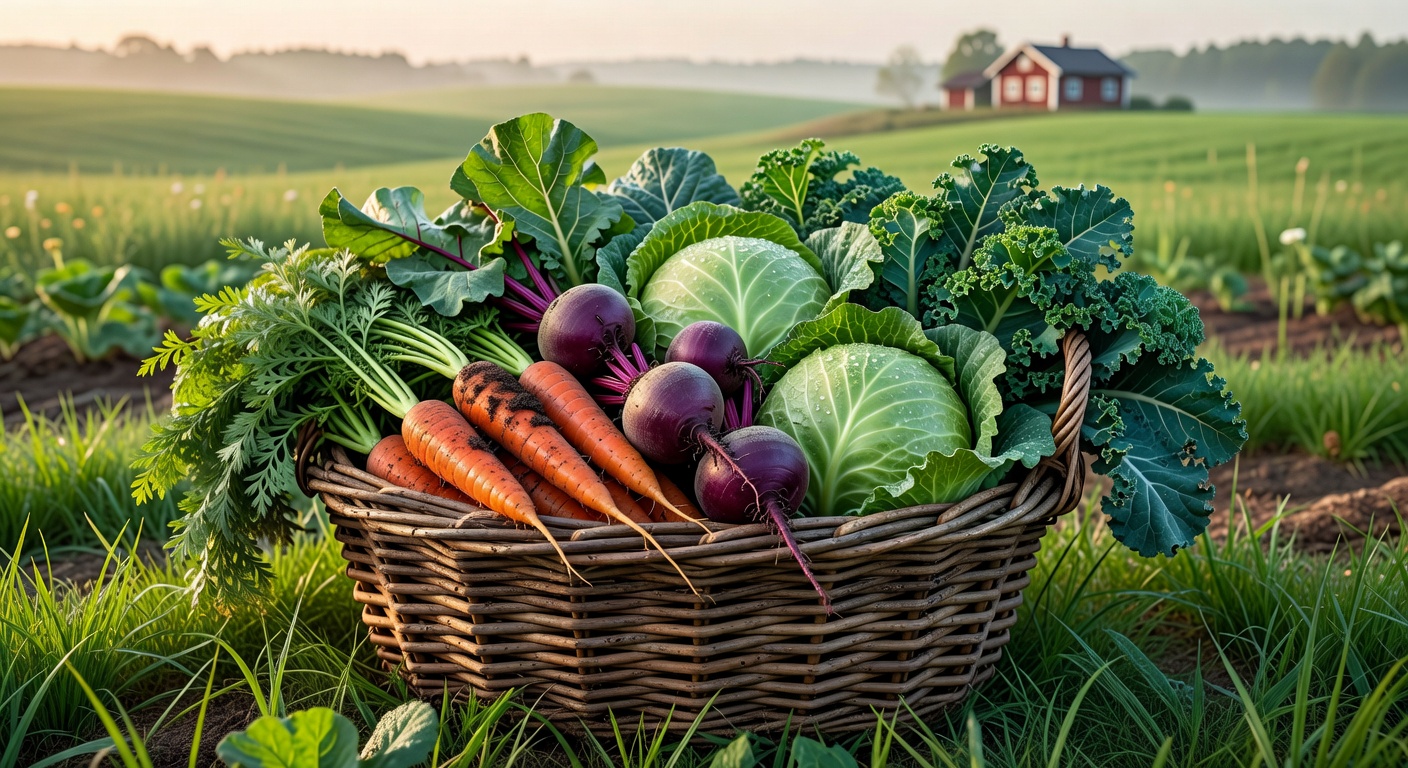 A basket full of fresh organic vegetables harvested from a Finnish farm