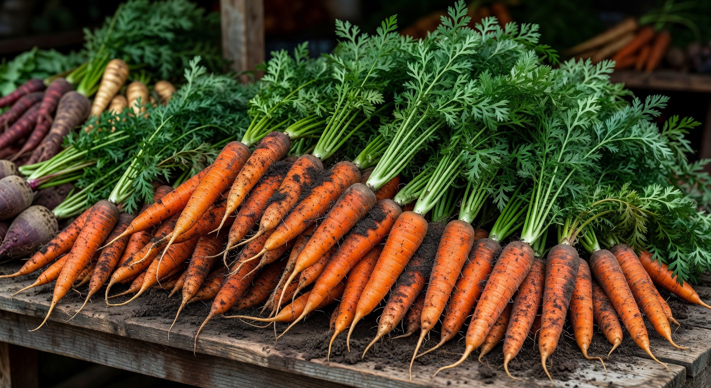 A bunch of fresh organic carrots with green tops