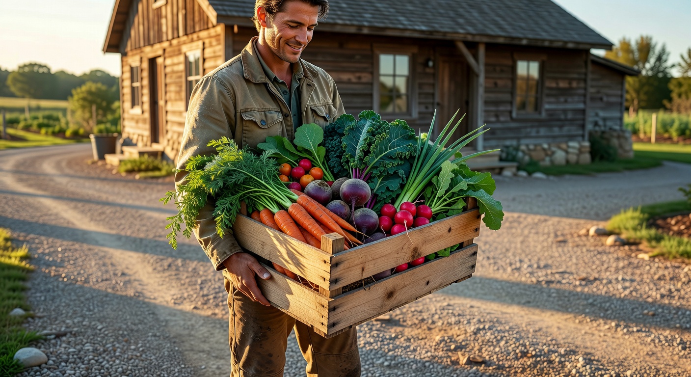 A person holding a wooden crate full of freshly picked organic vegetables