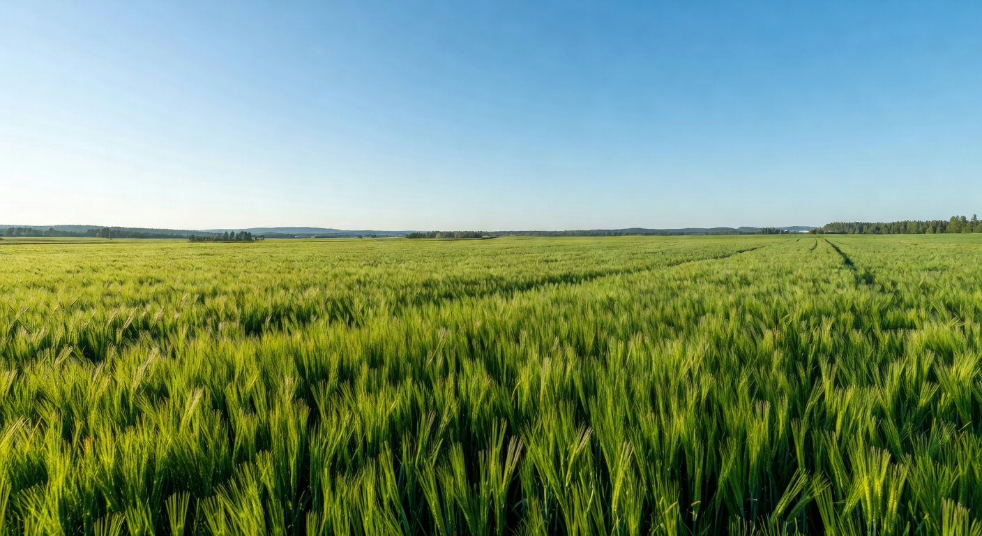 A vast, lush green agricultural field in Finland under a clear sky
