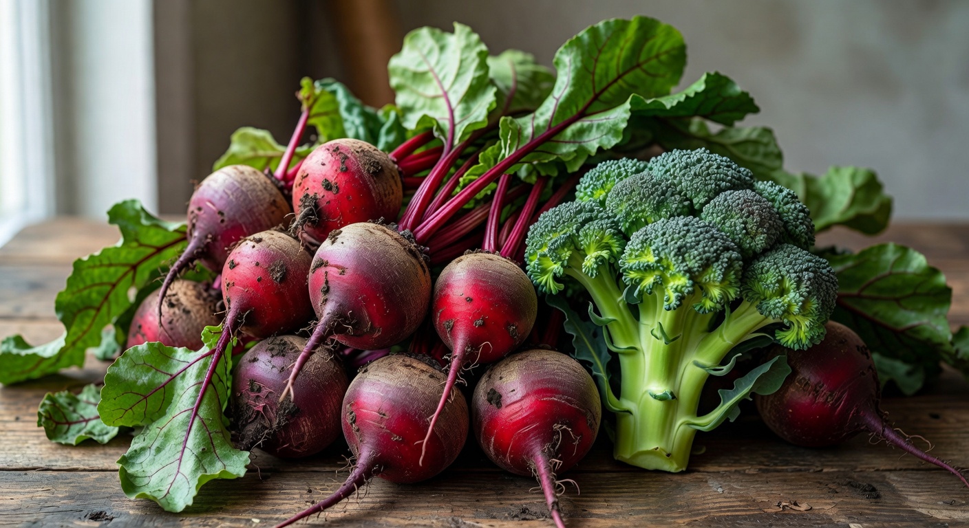 Earthy raw red beetroots with leafy tops