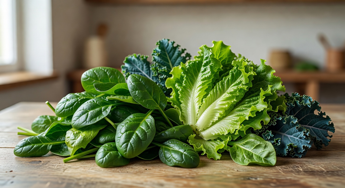 Fresh green spinach and lettuce leaves representing Leafy Greens category