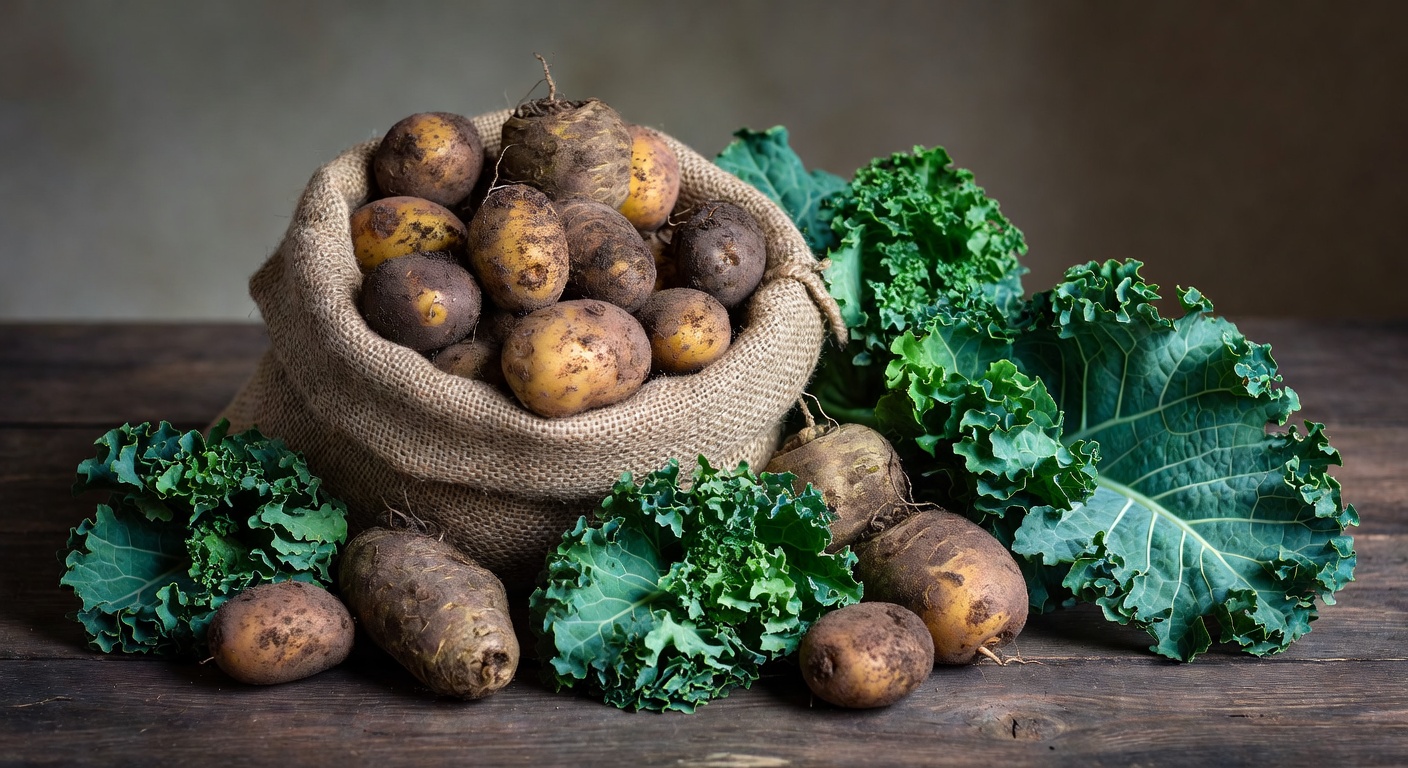 Freshly harvested potatoes in a rustic sack